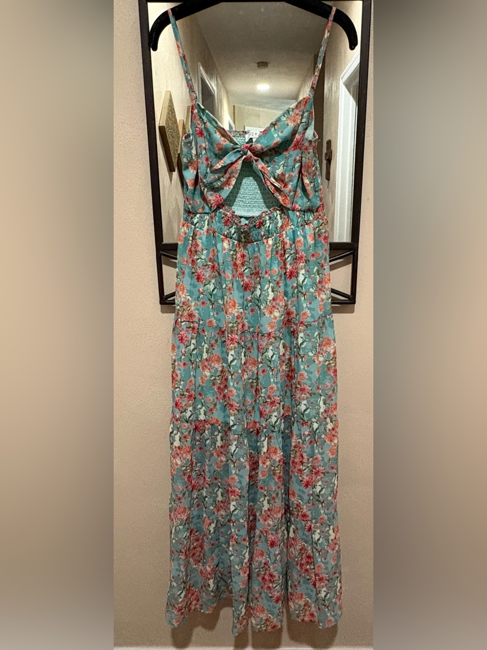 She + Sky Teal and Pink Floral Tie-Front Maxi Dress Size L